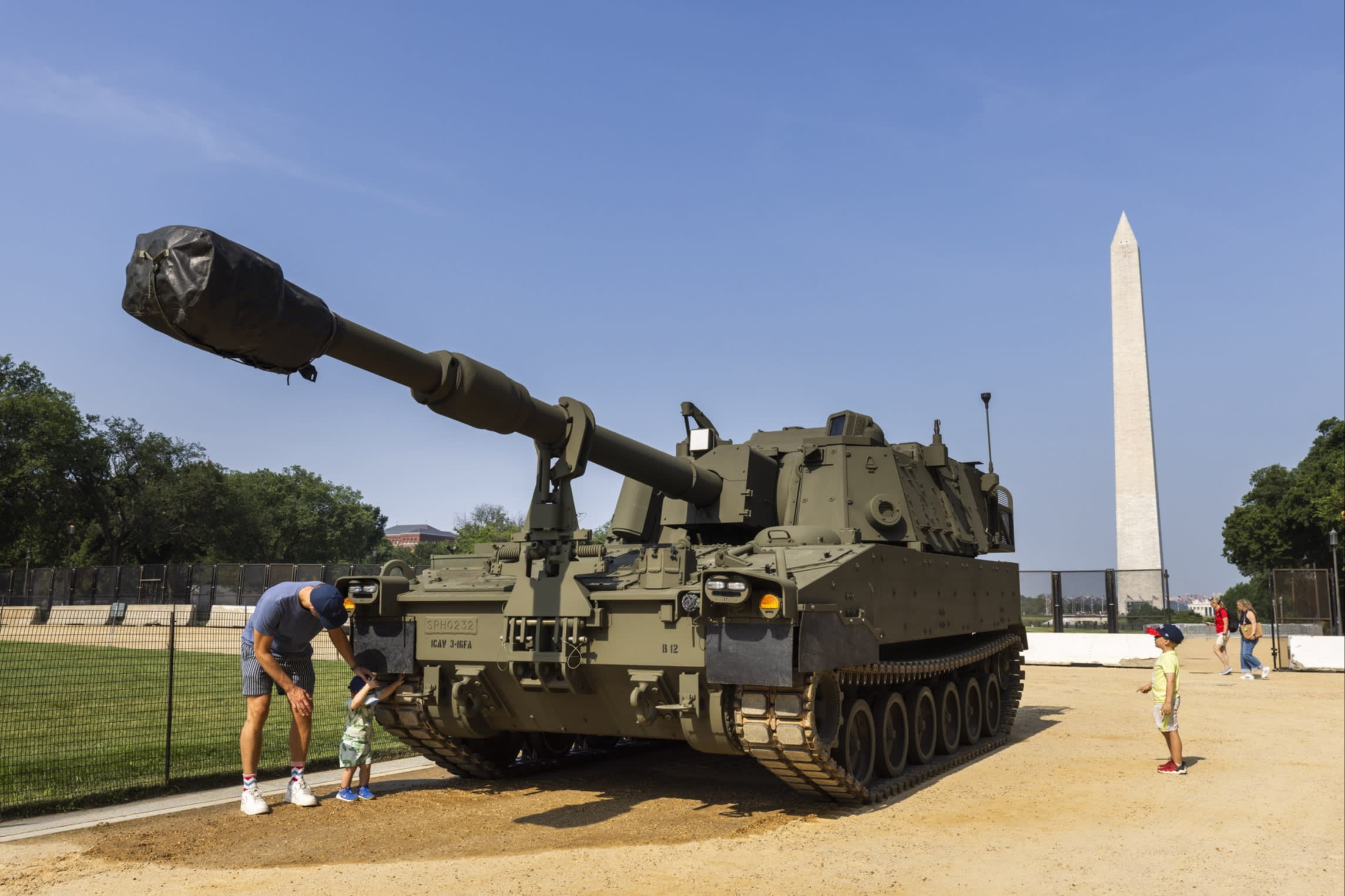 A US Army Paladin is staged on the National Mall ahead of a military parade in Washington