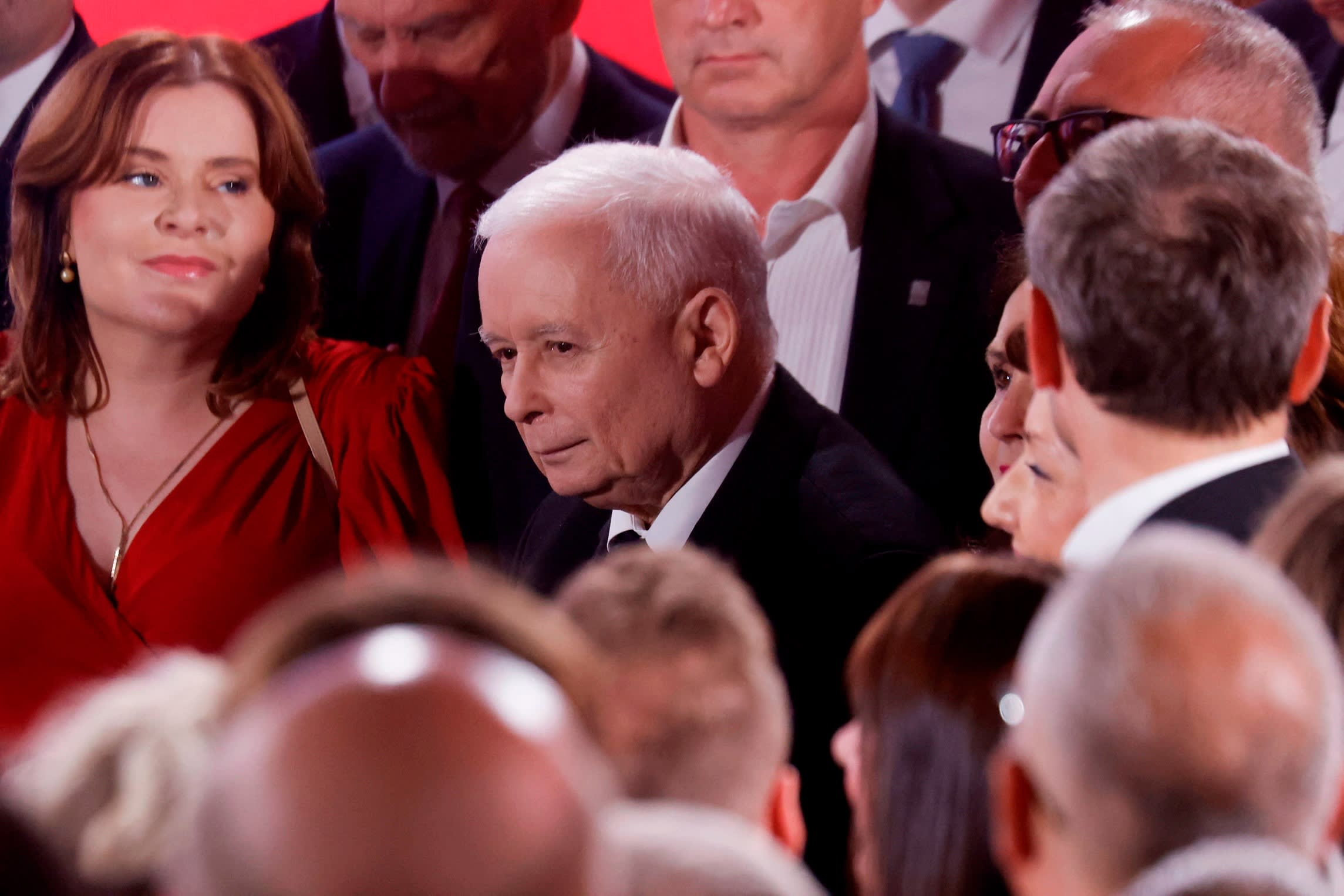 Jarosław Kaczyński, centre, at an election night event