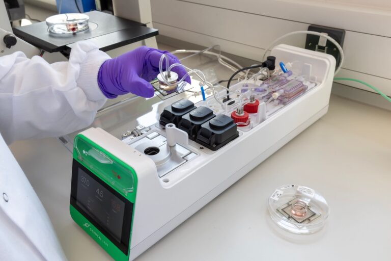 Close up detail shows the workings of the Cortical Labs biological computer that uses live brain neurons