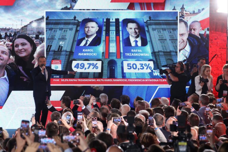 Karol Nawrocki, presidential candidate of the Law and Justice Party (PiS), speaks to supporters following the Polish presidential runoff election