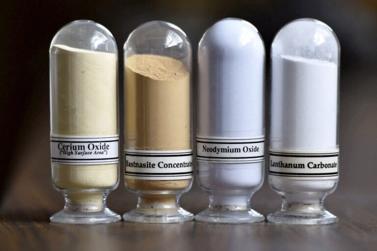 Samples of rare earth minerals from left, Cerium oxide, Bastnasite, Neodymium oxide and Lanthanum carbonate are on display