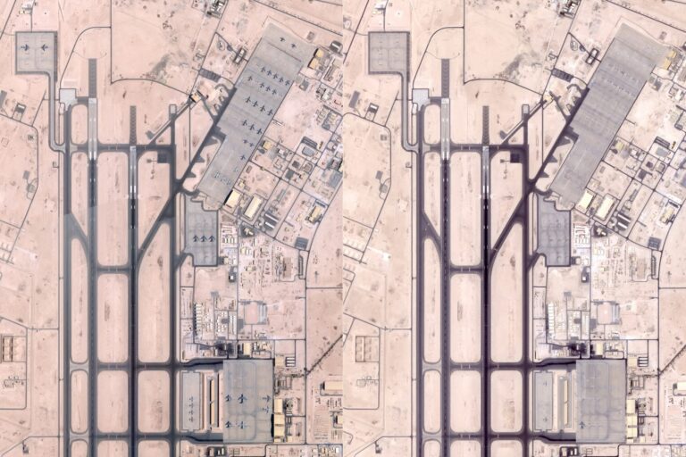 Satellite photos obtained from Planet Labs PBC on June 19, 2025, of a photo taken on June 5, 2025 (L) shows military planes at the US military base of Al-Udeid in Qatar, and a photo taken June 19, 2025 (R) showing no more planes at the US military base of Al-Udeid in Qatar, one of the main US bases in the region.