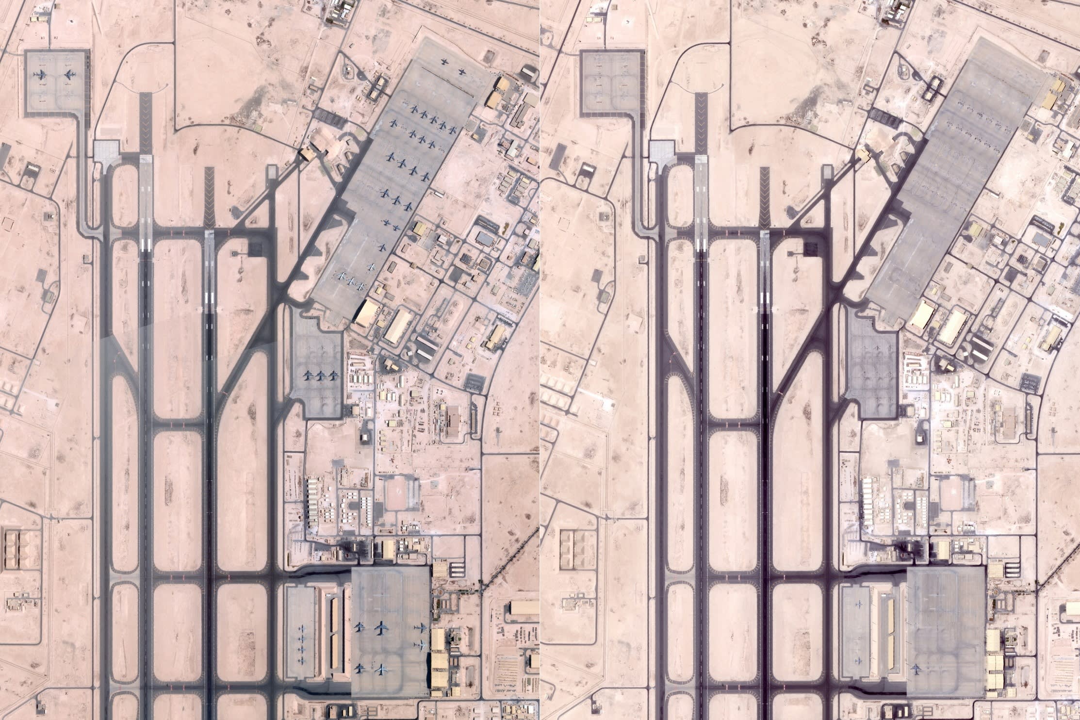 Satellite photos obtained from Planet Labs PBC on June 19, 2025, of a photo taken on June 5, 2025 (L) shows military planes at the US military base of Al-Udeid in Qatar, and a photo taken June 19, 2025 (R) showing no more planes at the US military base of Al-Udeid in Qatar, one of the main US bases in the region.