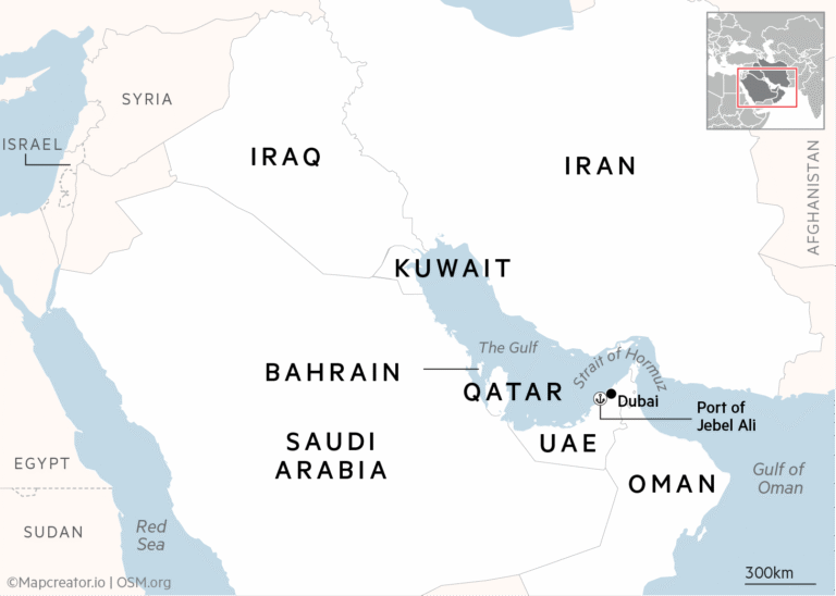 Map showing the Arabian Peninsula and surrounding countries, including Iraq, Iran, Syria, Israel, Egypt, Sudan, Afghanistan and the Gulf states