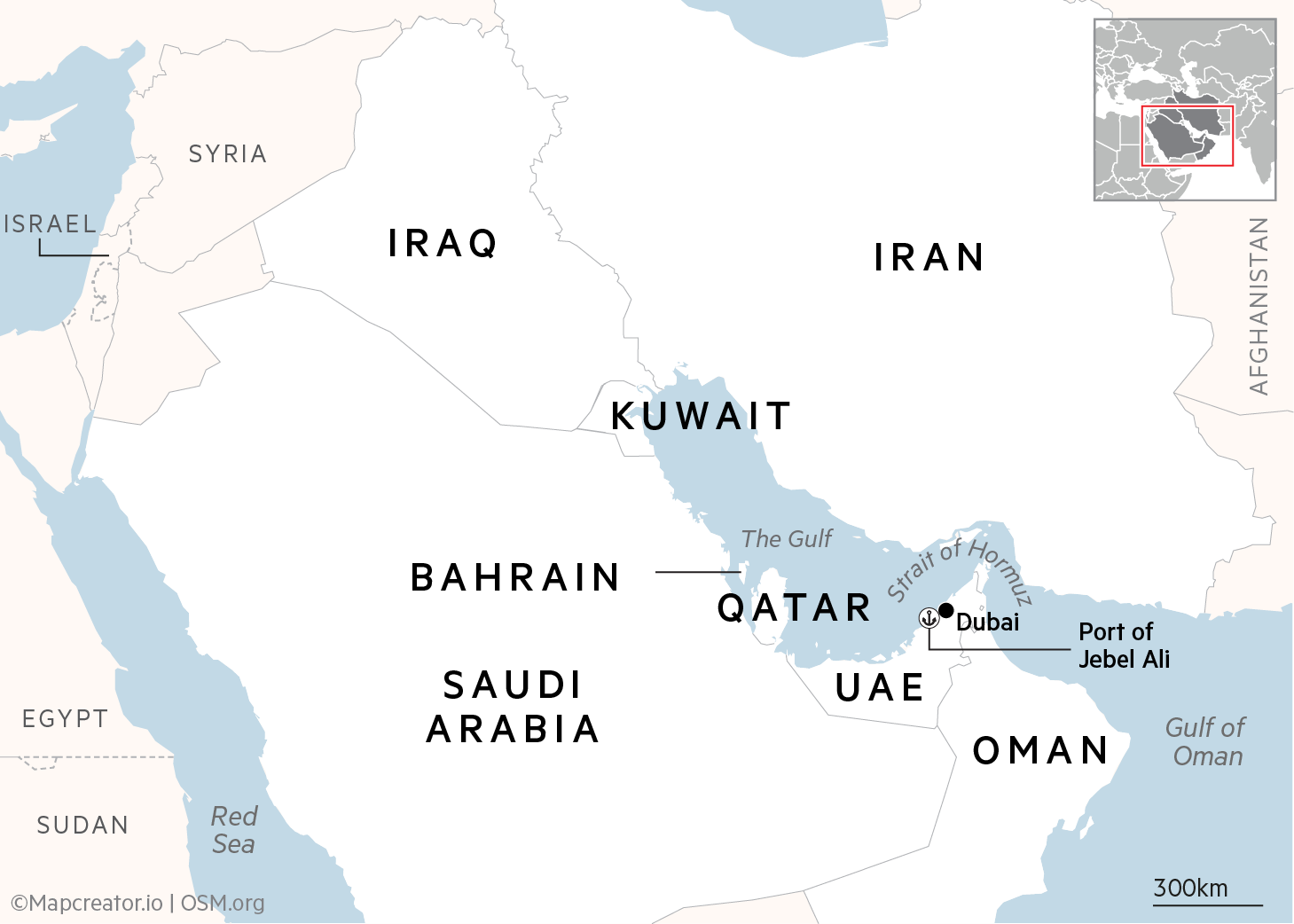 Map showing the Arabian Peninsula and surrounding countries, including Iraq, Iran, Syria, Israel, Egypt, Sudan, Afghanistan and the Gulf states