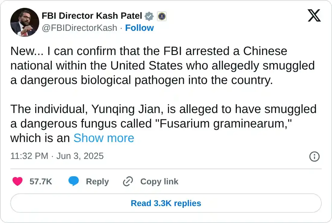 https://twitter.com/FBIDirectorKash/status/1930044884284523001