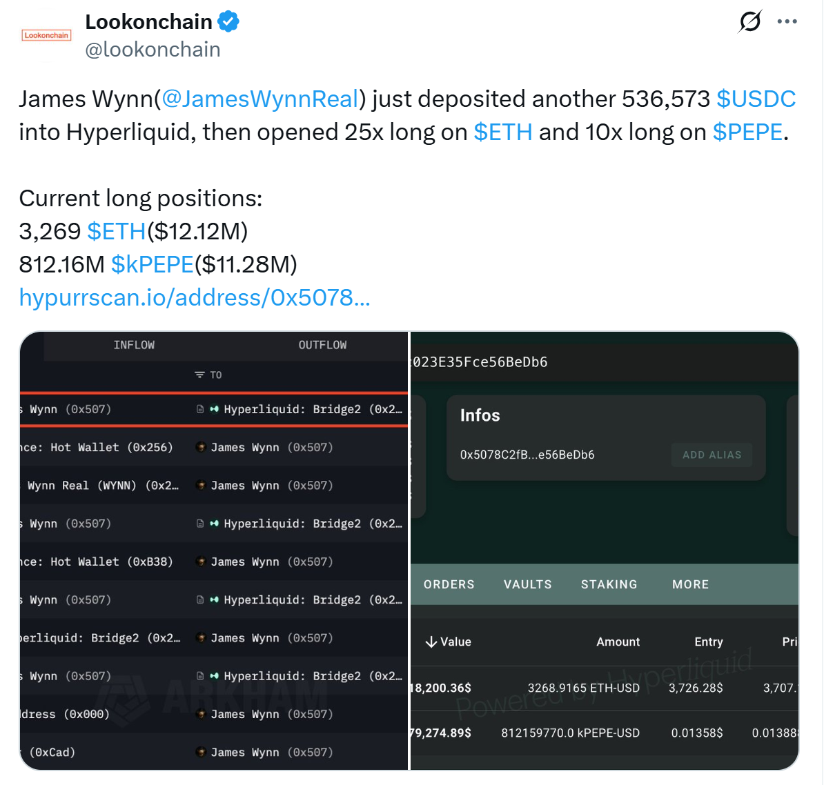 High-leverage trader James Wynn opens 25x long on ETH, 10x on PEPE