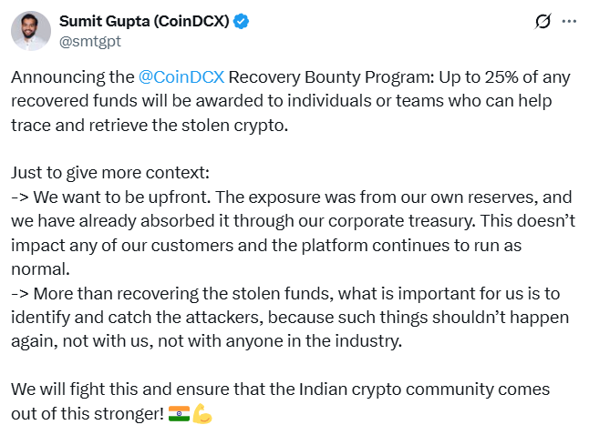 CoinDCX announces white hat recovery bounty after $44M hack