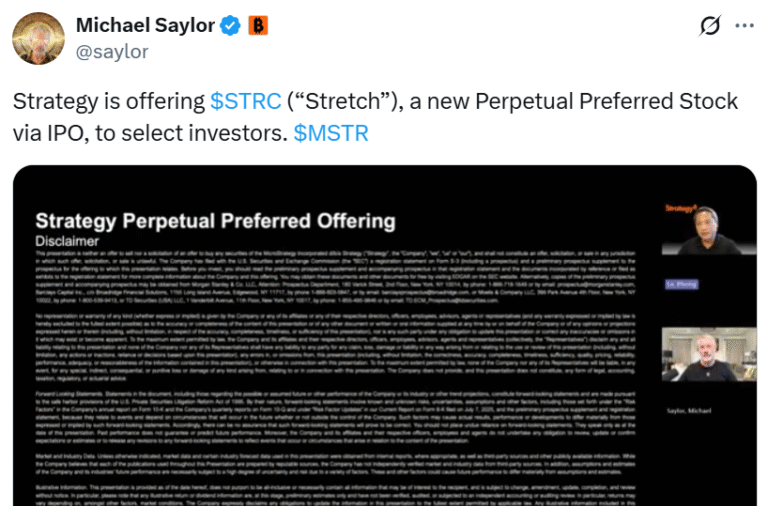 Strategy launches Bitcoin stock pegged at $100 to increase treasury