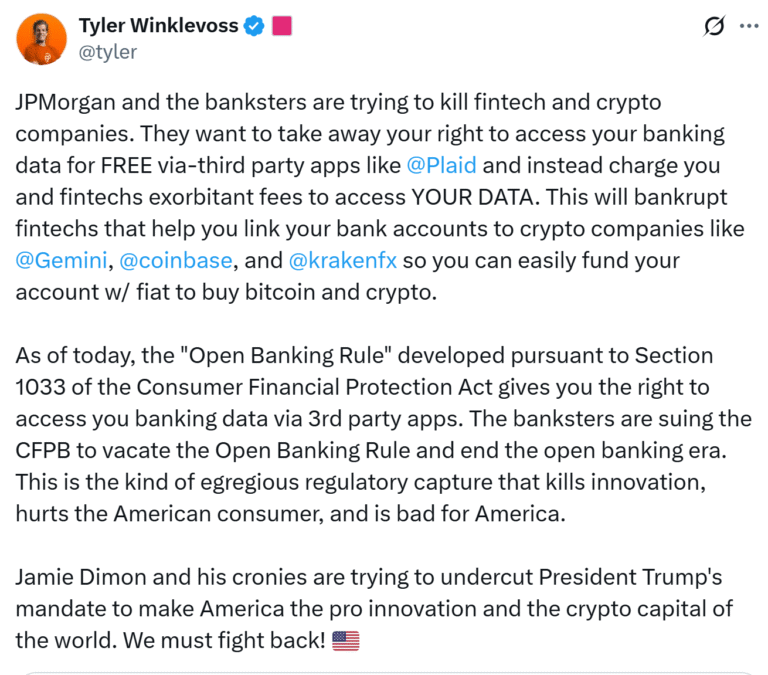 Tyler Winklevoss claims JPMorgan blocked Gemini over public criticism