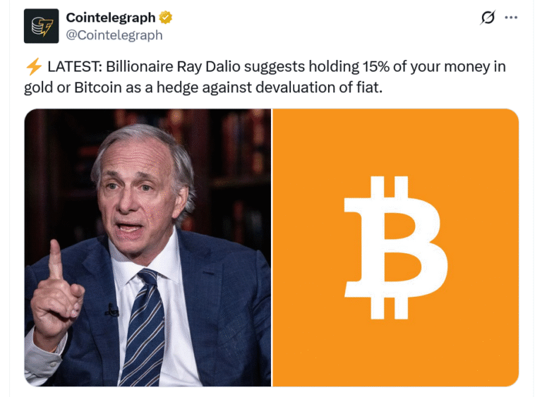 Ray Dalio suggests putting 15% in Bitcoin, gold amid US ‘debt doom loop’