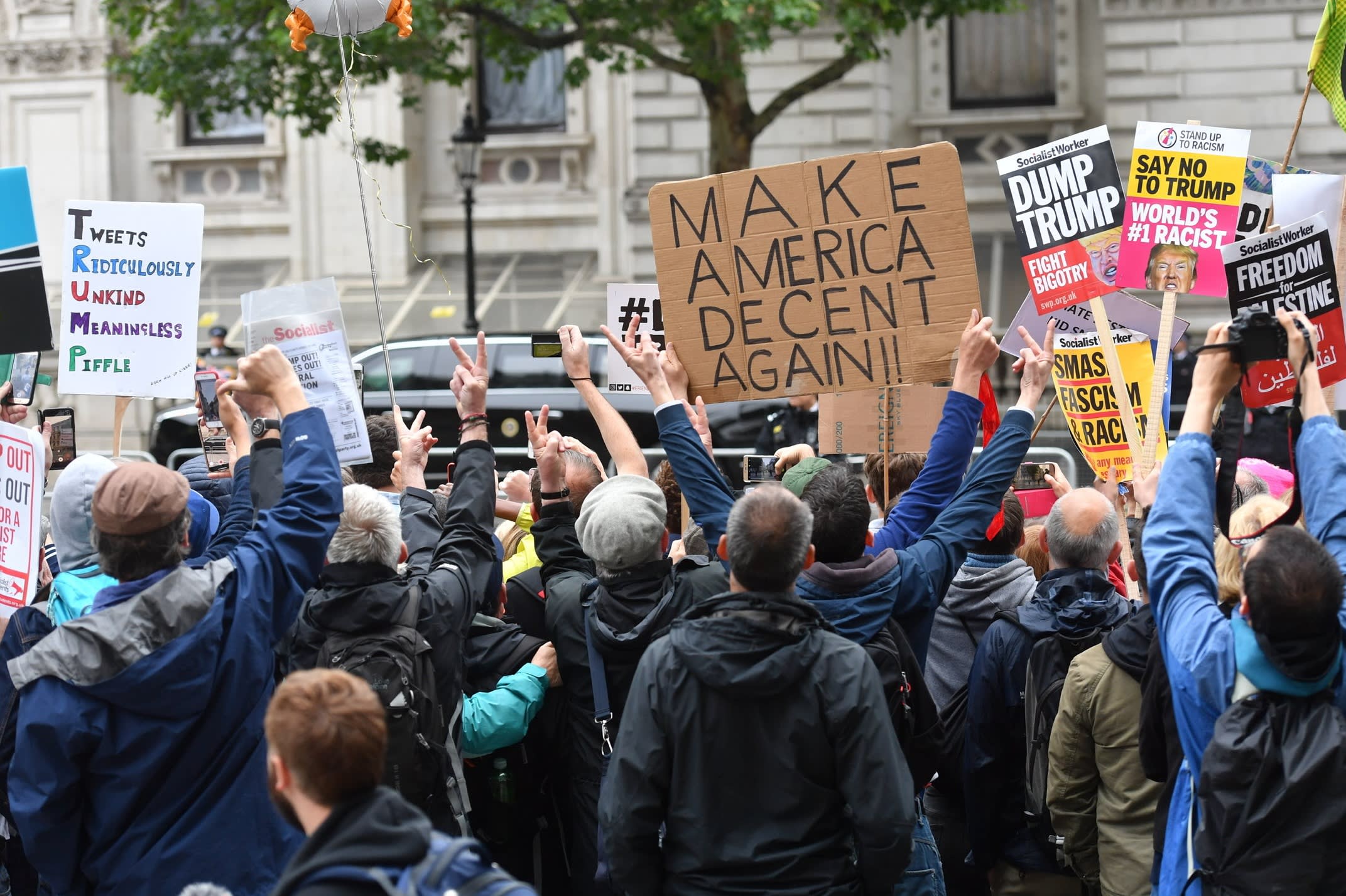 Protesters on Whitehall, London on the second day of the state visit to the UK by US President Donald Trump