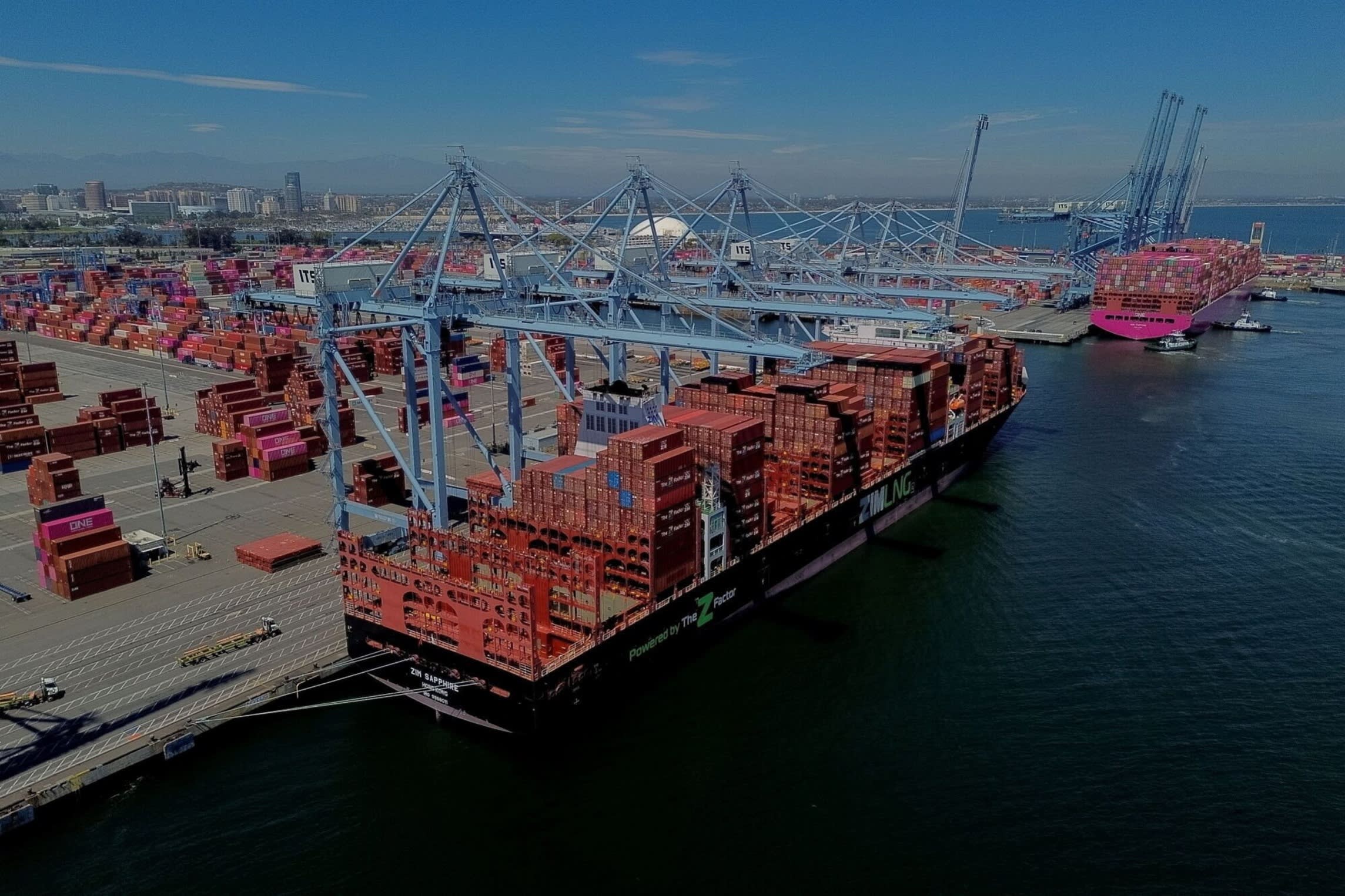 The Zim Sapphire container ship at the Pacific Container Terminal at the Port of Long Beach in Long Beach, California