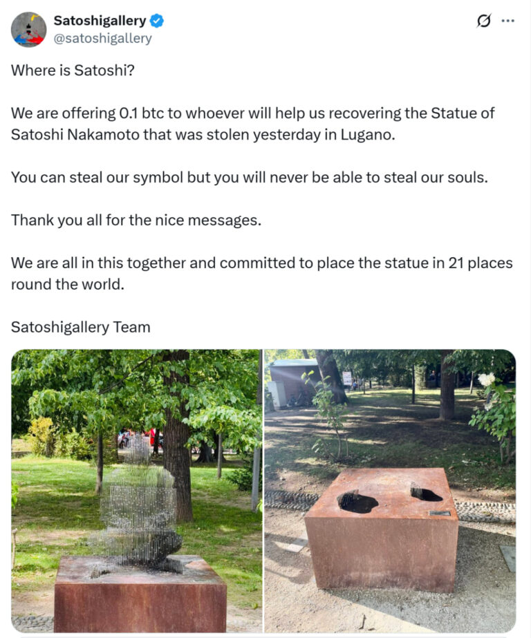 Disappearing Satoshi statue in Lugano stolen, 0.1 BTC offered for its return