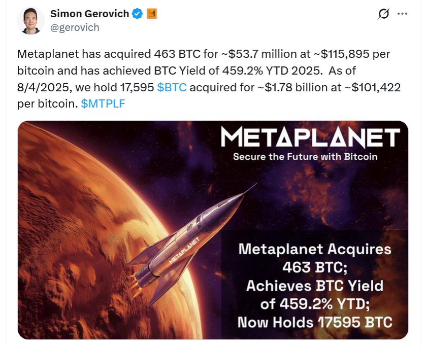 Bitcoin firm Metaplanet kicks off August with first big buy