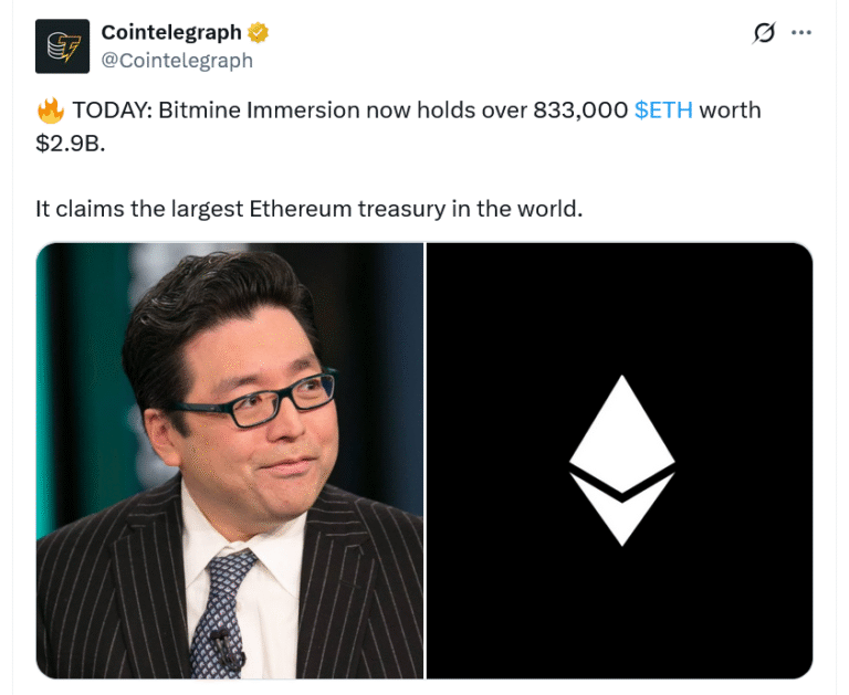 Ether-stacking BitMine crosses $3B milestone as ETH rallies 6%