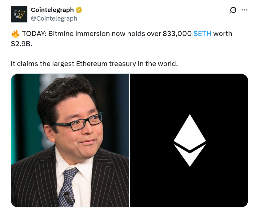 Ether-stacking BitMine crosses $3B milestone as ETH rallies 6%