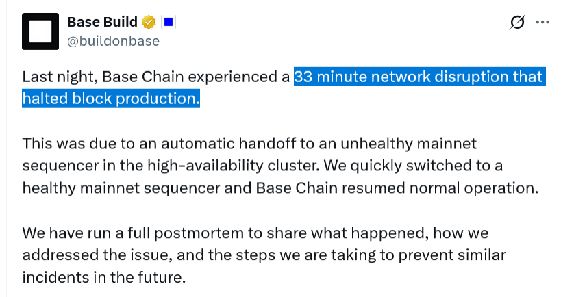 Base blames faulty sequencer for 33-minute outage, fixes made
