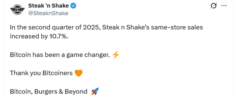 Steak ‘n Shake thanks Bitcoiners as same-store sales rise 11% in Q2