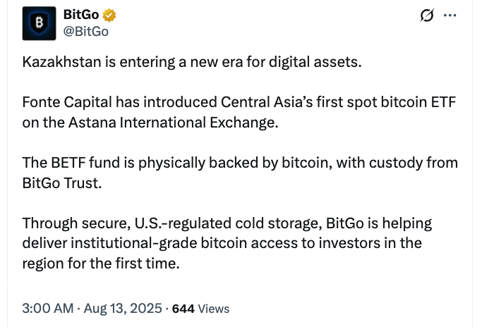BitGo backs Central Asia’s first spot Bitcoin ETF in Kazakhstan