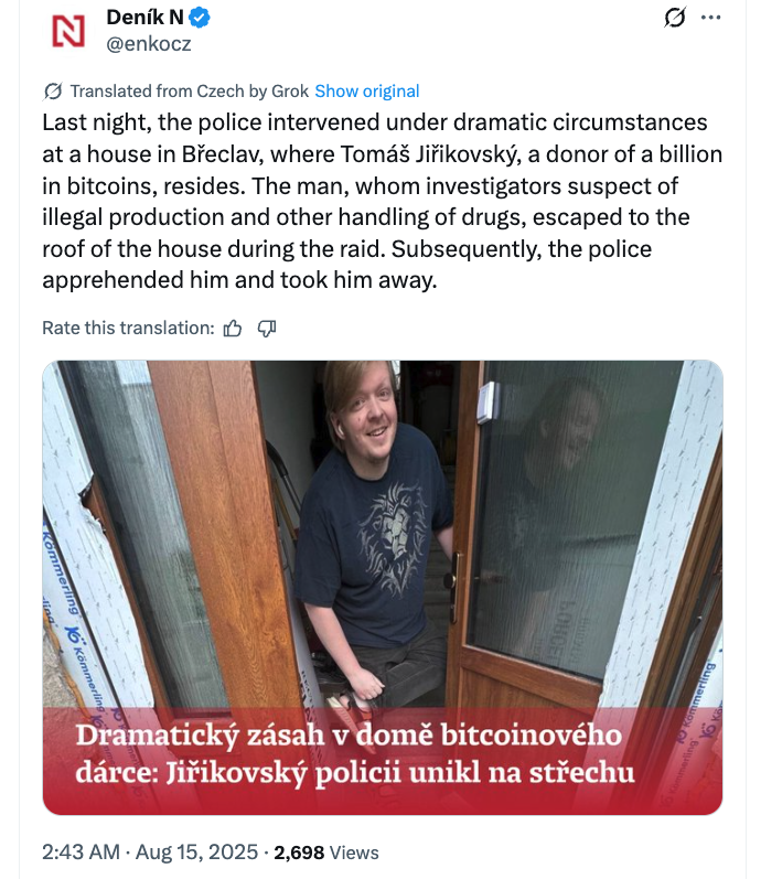 Czech police arrest darknet founder in $45M Bitcoin donation case
