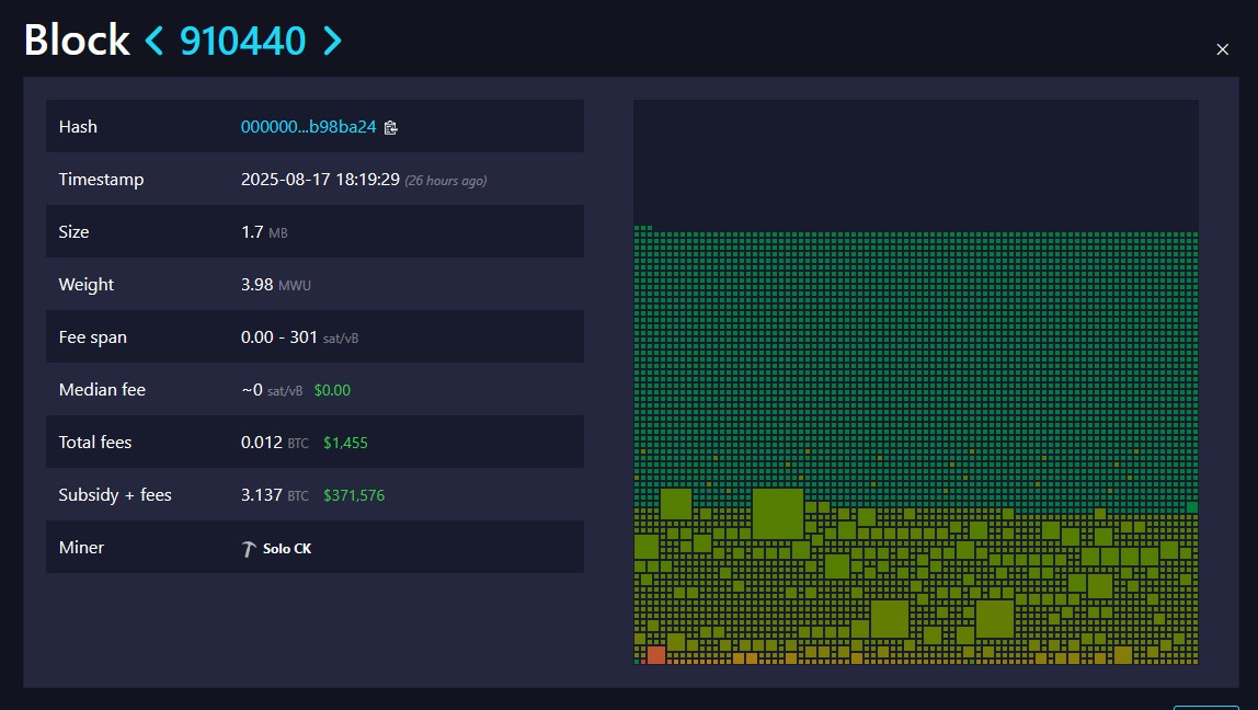 Another solo Bitcoin miner hits jackpot with $371,000 block reward