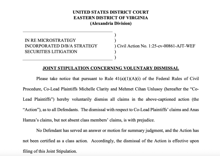 Strategy Bitcoin lawsuit dismissed as investors withdraw case