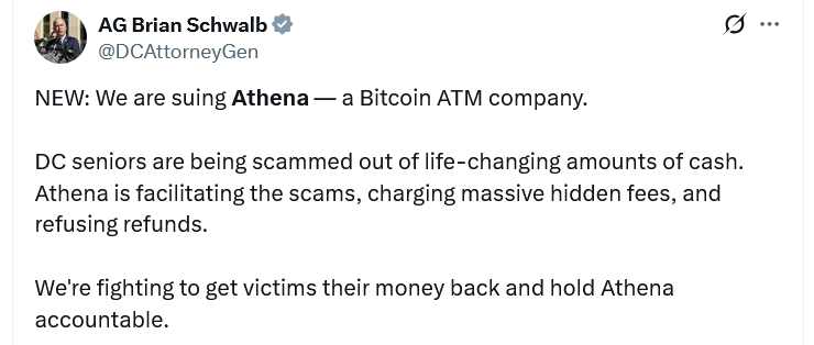 DC attorney general sues Athena Bitcoin over alleged hidden fees