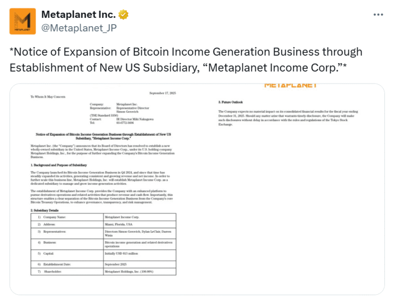 Metaplanet expands Bitcoin strategy with new US, Japan units