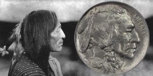 Iron Tail, Lakota chief who served as model for Buffalo Nickel design, photographed alongside the coin showing Fraser's authentic portrayal.
