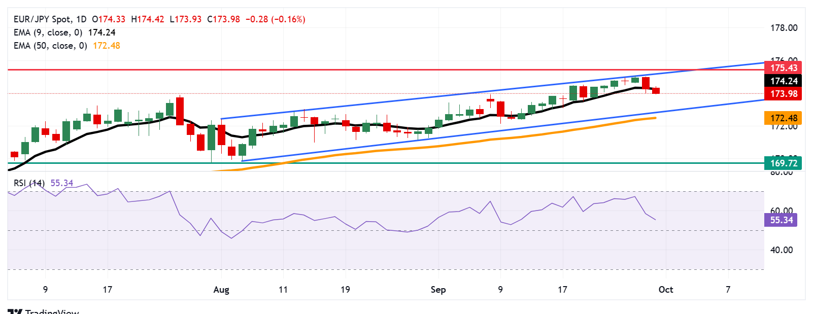 EUR/JPY Price Forecast: Hovers around 174.00 after breaking below the nine-day EMA