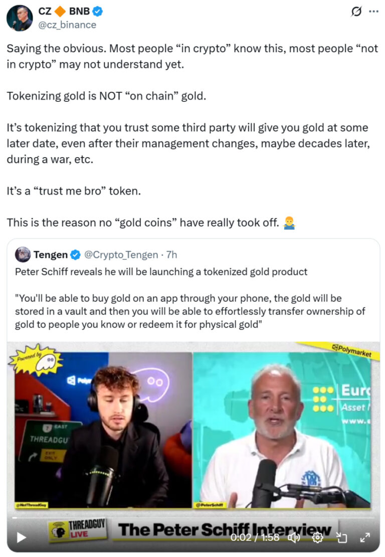 CZ calls Peter Schiff’s tokenized gold a ‘trust me bro’ asset