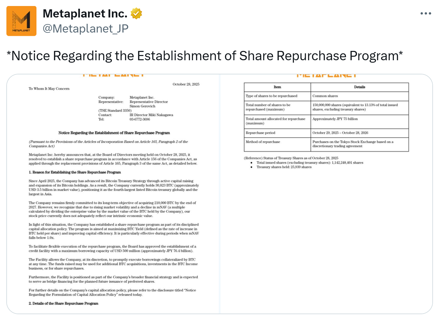 Metaplanet turns to Bitcoin leverage for $500M buyback after stock value slips below BTC stash