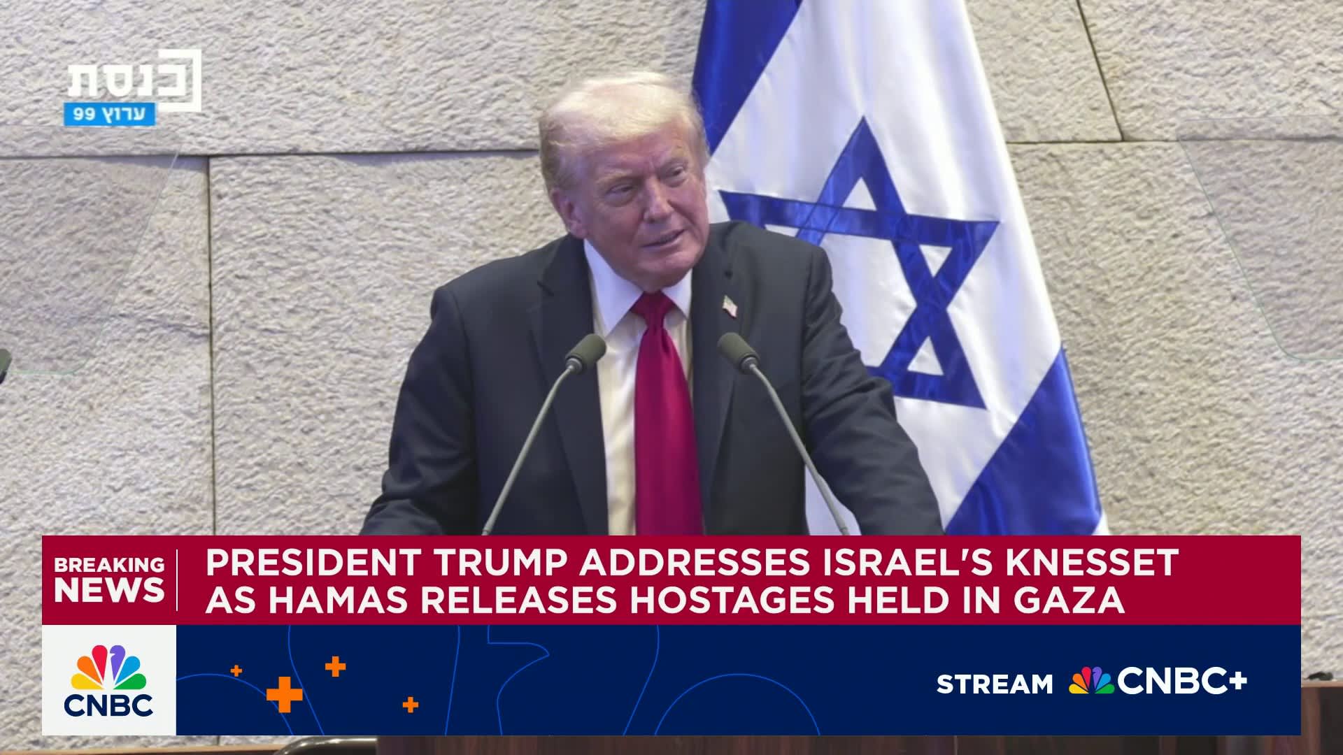 President Trump addresses Israel's Knesset as Hamas releases hostages held in Gaza