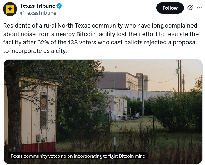 Rural Texas community fails plan to become a city to curb BTC miner noise
