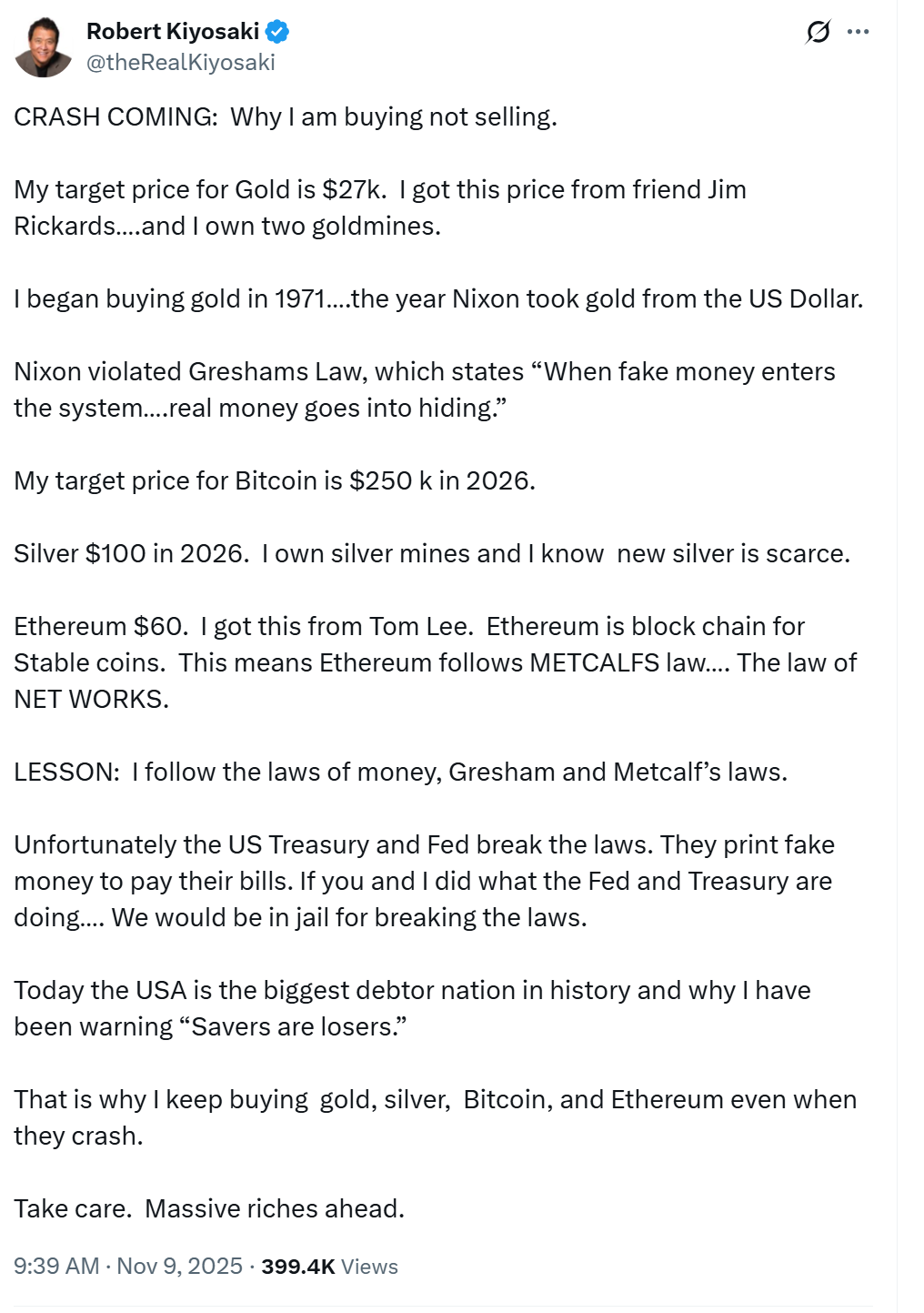 Robert Kiyosaki says he’s buying, targets $250K Bitcoin and $27K gold