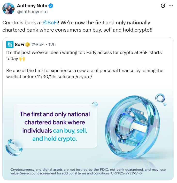 Nationally chartered bank SoFi rolls out crypto trading for US customers