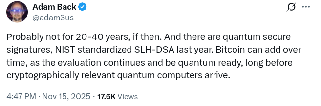 Adam Back: Bitcoin faces no quantum risk for next 20–40 years