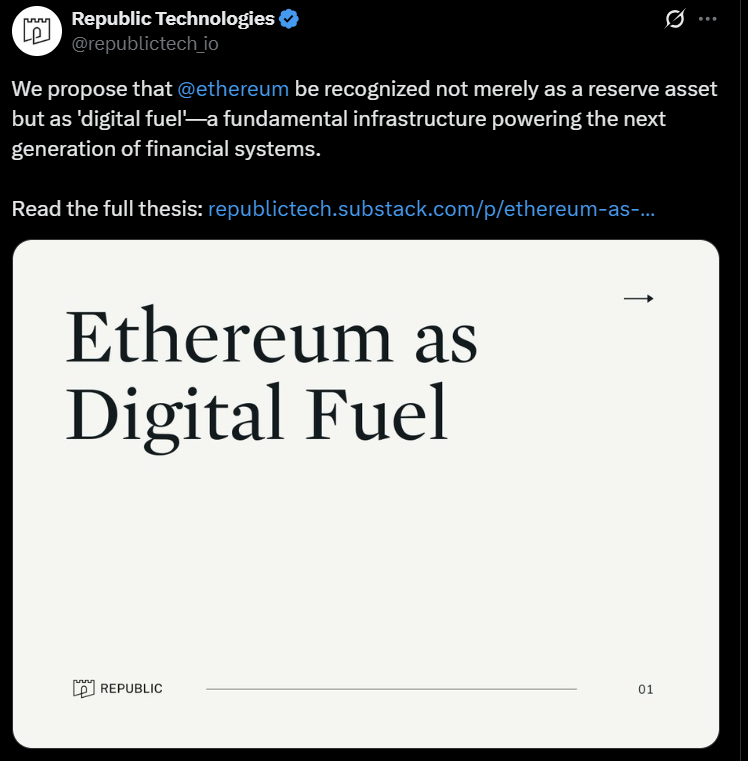 Republic raises $100M for ETH purchases under unusual zero-interest deal