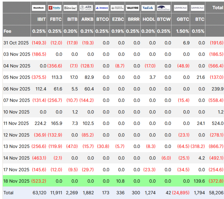 BlackRock leads near $3B Bitcoin November ETF exodus with record $523M outflows
