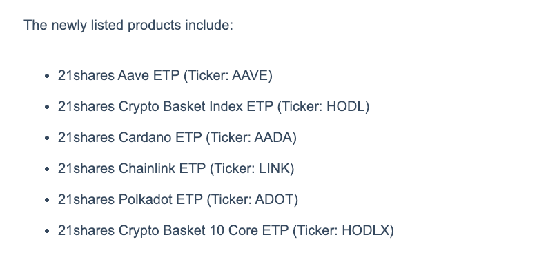 21Shares lists six more crypto ETPs in Europe: Aave, Cardano and more