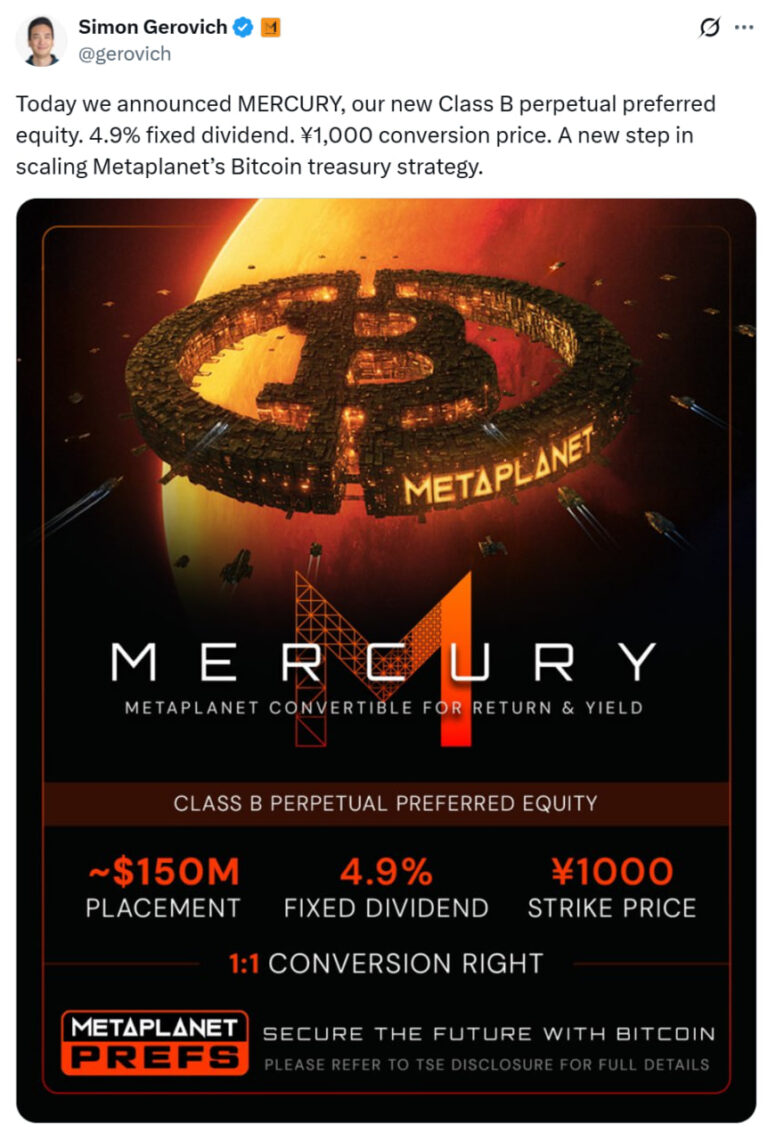 Metaplanet eyes $135M raise via new Class B shares to fuel more Bitcoin buys