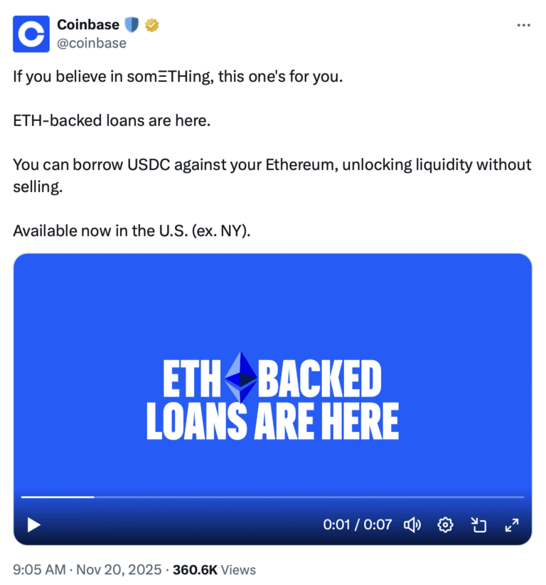 Coinbase launches ETH-backed loans as onchain lending tops $1.25B