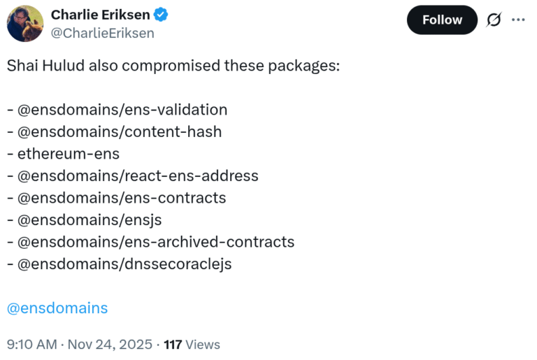 NPM supply-chain attack compromises major ENS and crypto libraries
