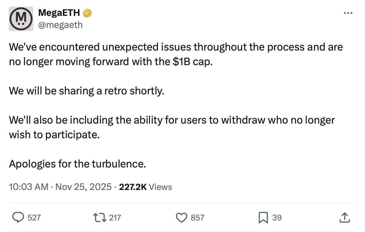 MegaETH scraps $1B plan after technical failures derail sale