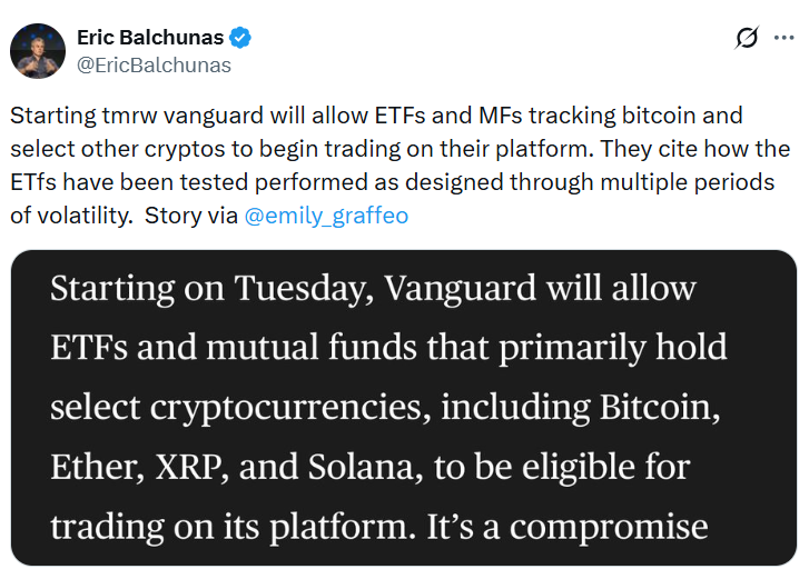 Vanguard’s 50M+ clients will soon have access to crypto ETFs