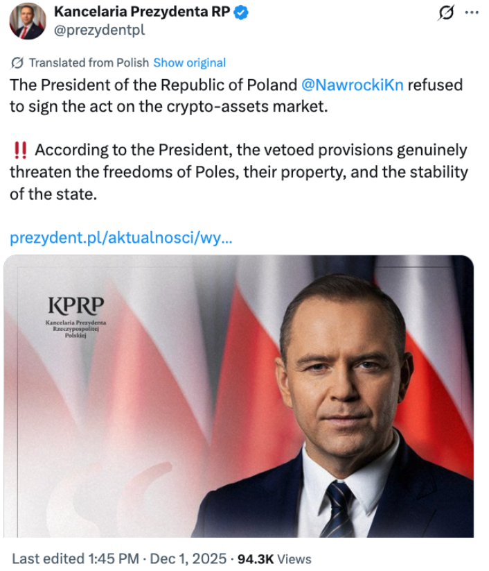 Poland’s president vetoes strict crypto bill, says it threatens ‘freedoms of Poles’