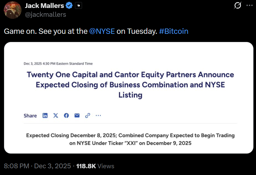 Twenty One Capital eyes Tuesday debut following Cantor Equity Partners merger