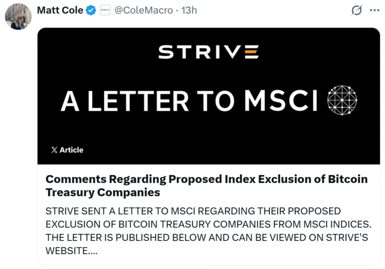 Strive calls on MSCI to rethink its ‘unworkable’ Bitcoin blacklist