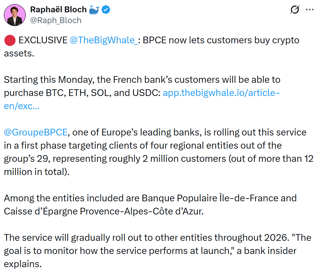 French banking giant BPCE to launch in-app crypto trading: Report